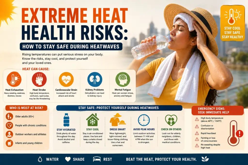 A person drinking water outdoors during a heatwave while wearing a hat and cooling towel, illustrating heat safety, hydration, and protection from extreme heat.