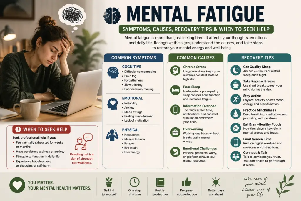 A person experiencing mental fatigue while working on a laptop, with an infographic illustrating symptoms, causes, recovery tips, and mental health support.