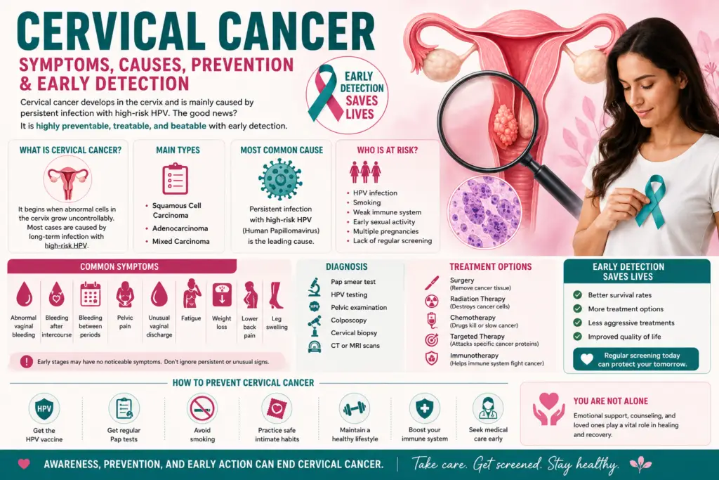 Medical infographic illustrating cervical cancer symptoms, HPV infection, prevention through vaccination, screening methods, and the importance of early detection.