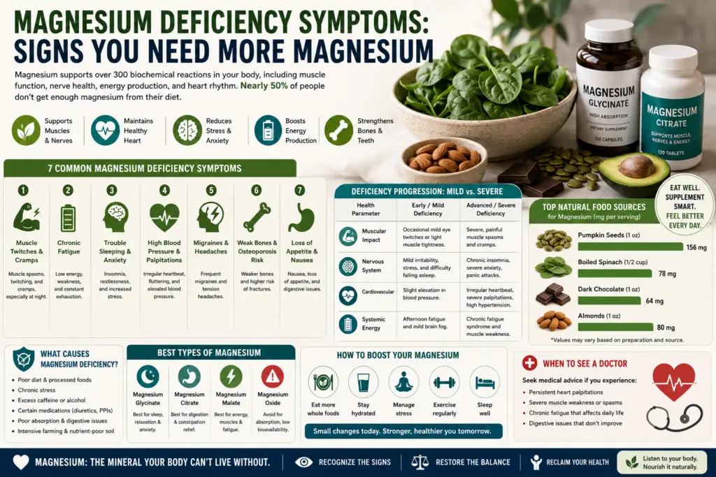 An infographic illustrating the symptoms of magnesium deficiency, magnesium-rich foods, supplement types, and natural ways to improve magnesium levels for better overall health.