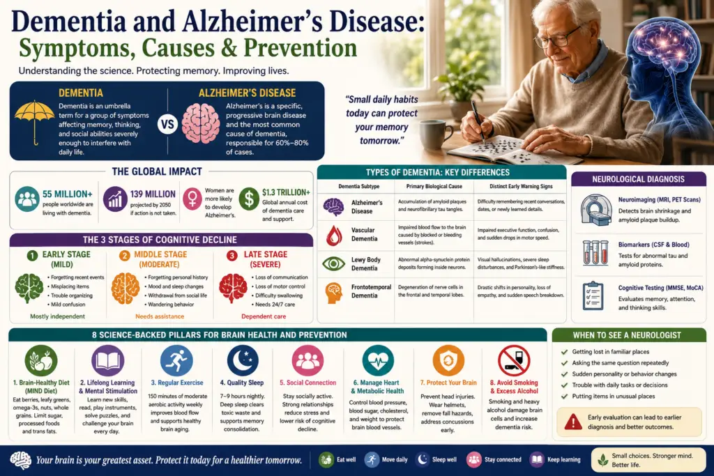 Medical infographic explaining dementia and Alzheimer's disease, highlighting symptoms, brain changes, risk factors, early diagnosis, and evidence-based prevention strategies for healthy brain aging.