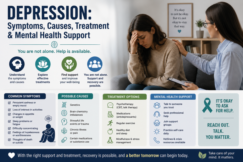 A person sitting thoughtfully by a window while receiving compassionate support from a mental health professional in a calm, comforting environment, symbolizing depression awareness and recovery.
