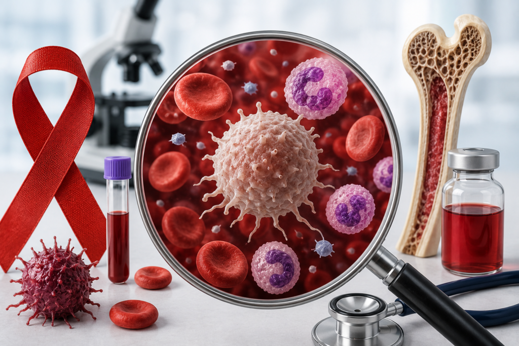 A healthcare professional reviewing blood test results and blood cell illustrations, highlighting blood cancer awareness, early diagnosis, and modern medical care.