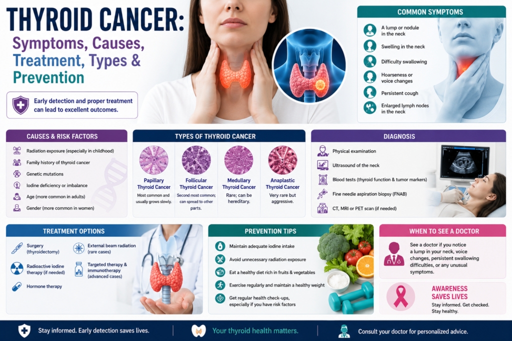 Illustration of a healthcare professional examining a patient's neck with a detailed view of the thyroid gland, representing thyroid cancer awareness, diagnosis, early detection, and treatment.