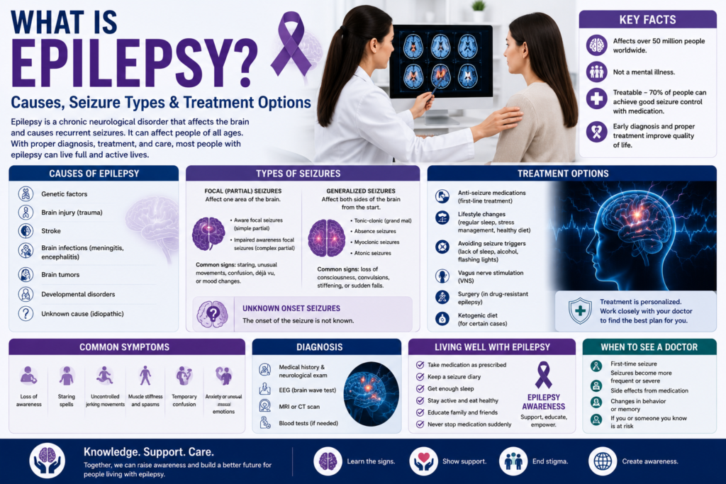 Neurologist reviewing a brain scan while supporting a patient, illustrating epilepsy diagnosis, seizure management, brain health, and neurological care.