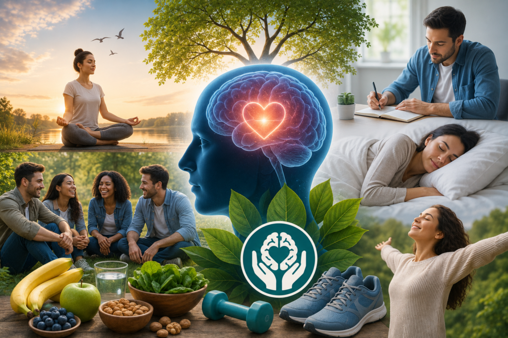 A calm individual practicing mindfulness in a peaceful setting with supportive mental health elements, symbolizing emotional well-being, stress management, resilience, and psychological wellness.
