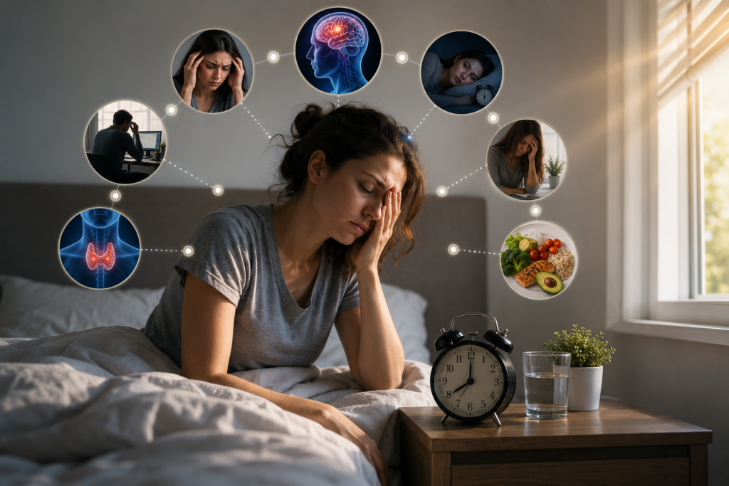 A tired person sitting on the edge of a bed after a full night's sleep, with daylight entering the room, symbolizing persistent fatigue, sleep quality issues, and low energy.