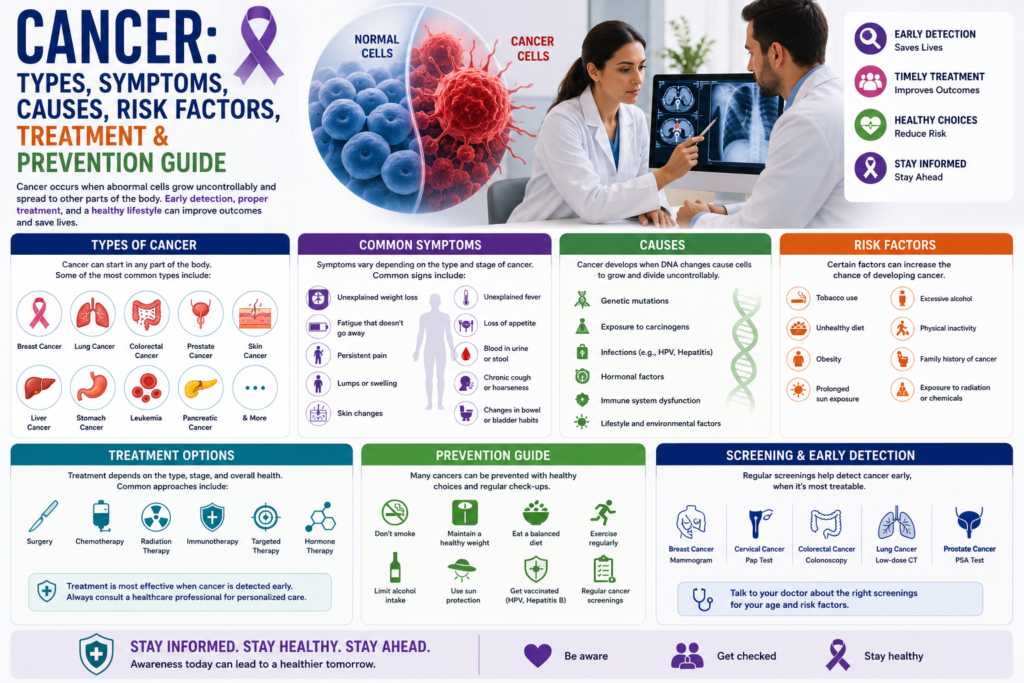 Medical illustration showing cancer awareness with healthcare professionals reviewing diagnostic scans, healthy body cells contrasted with abnormal tumor cells, symbolizing early detection, treatment, and prevention.
