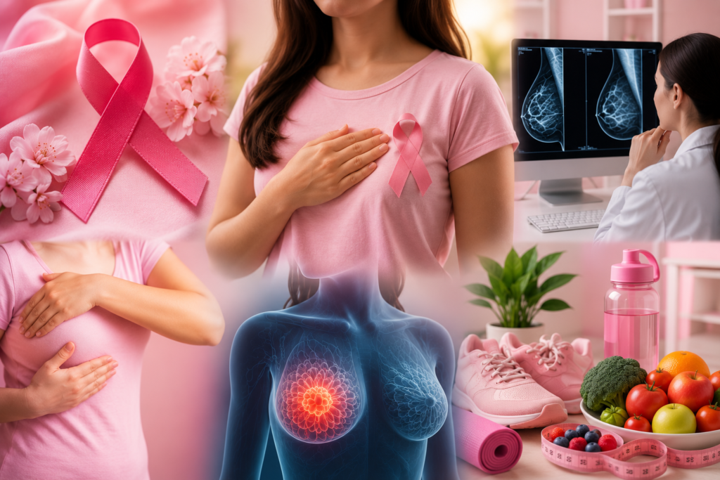 Healthcare professional explaining a breast scan to a patient with a pink awareness ribbon, symbolizing breast cancer screening, early detection, diagnosis, and prevention.