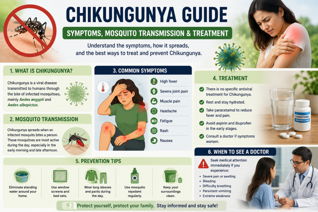 Medical illustration showing a person with fever and joint pain caused by Chikungunya virus, an Aedes mosquito, mosquito bite transmission, hydration, and supportive treatment in a tropical outdoor setting.