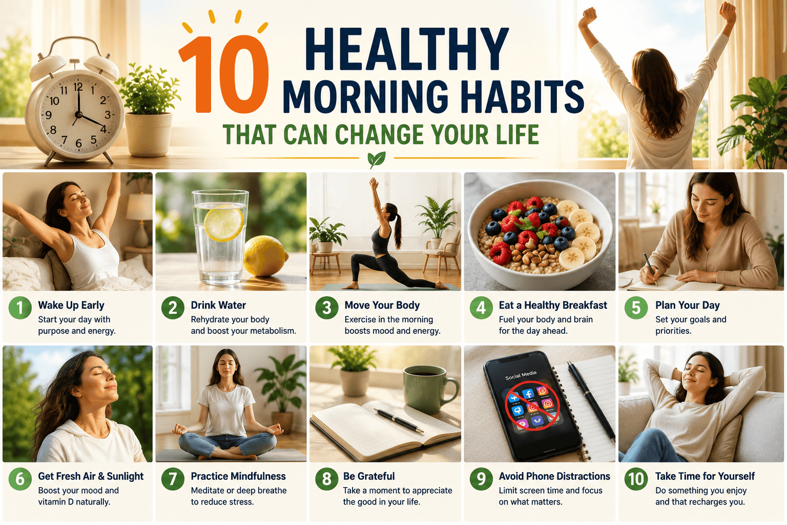 healthy morning habits to change your life concept featuring hydration journal and natural sunlight