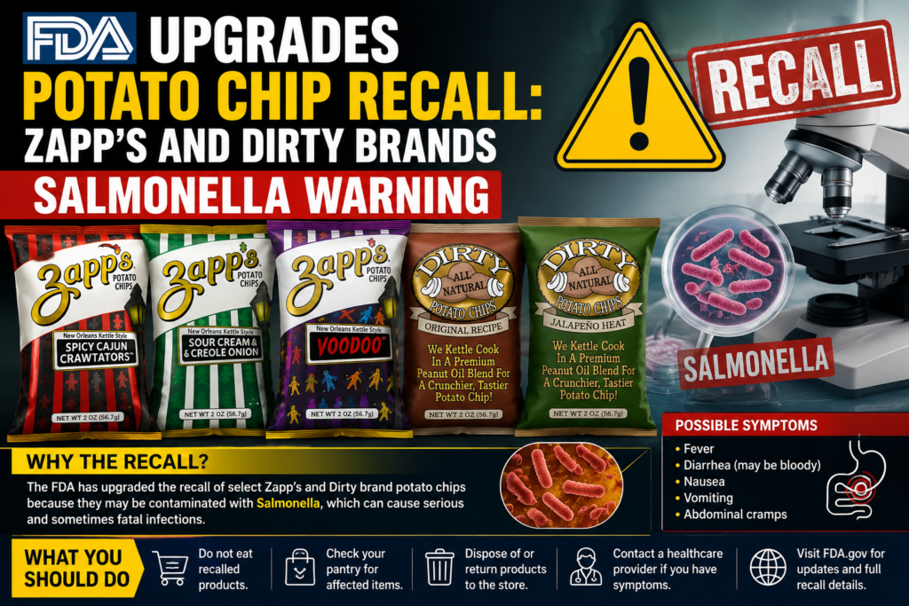 Assorted potato chip bags beside a warning symbol and laboratory testing equipment, representing a food safety recall due to potential Salmonella contamination.