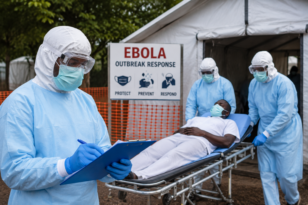 Healthcare workers in protective equipment responding to a Bundibugyo Ebola outbreak, with patient isolation measures, infection control procedures, and public health surveillance in a clinical setting.