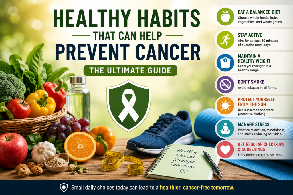 A healthy adult enjoying a balanced lifestyle with fresh fruits and vegetables, regular exercise, sunlight, and hydration, representing everyday habits that help reduce cancer risk.