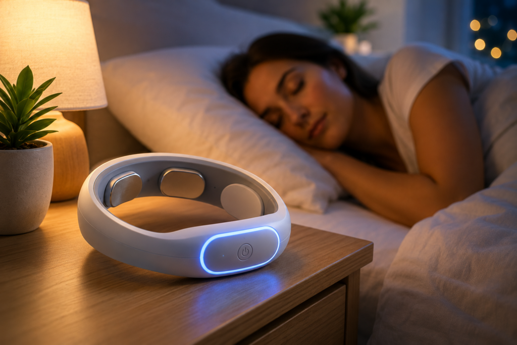 A modern cranial electrotherapy stimulation (CES) device resting on a bedside table in a peaceful bedroom, symbolizing non-invasive therapy for anxiety relief, stress reduction, and improved sleep.