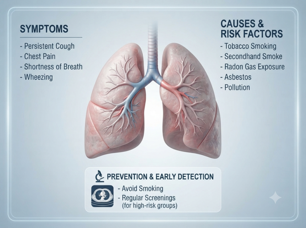An educational medical visualization of the human lungs with a clear, professional style, representing lung cancer awareness and health education.