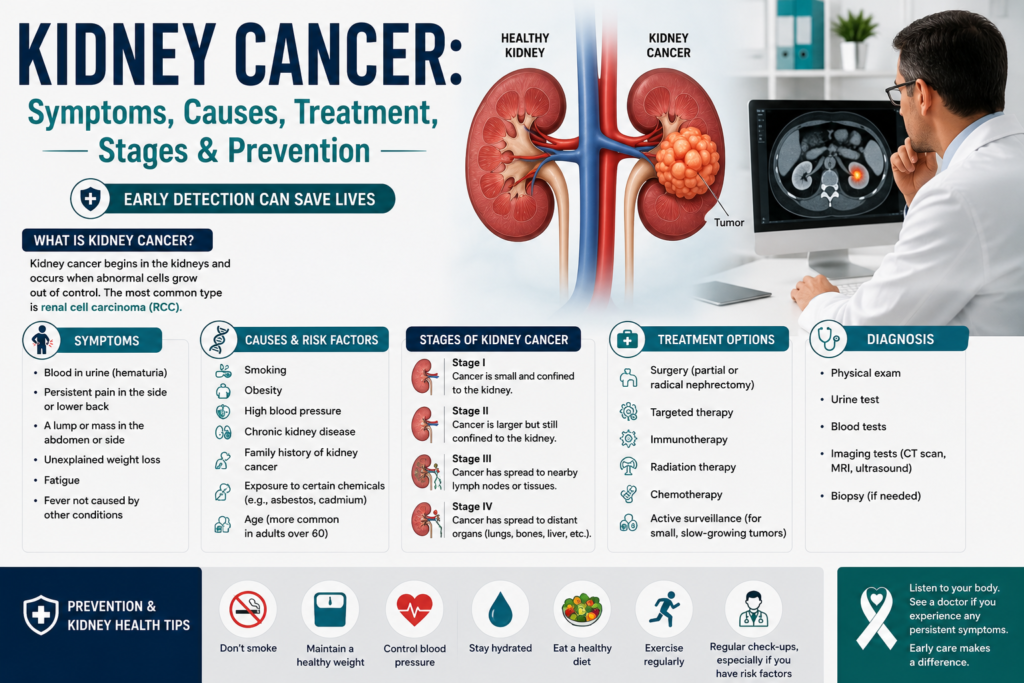A medical illustration showing healthy and cancer-affected kidneys alongside a healthcare professional reviewing kidney scan results, highlighting kidney cancer awareness, diagnosis, and treatment.