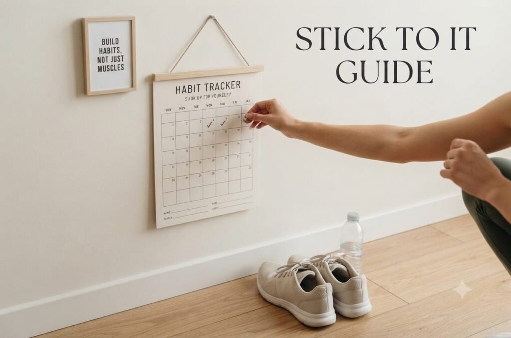 A person writing on a whiteboard labeled "Stick to it Guide," symbolizing goal setting and motivation for an exercise routine.