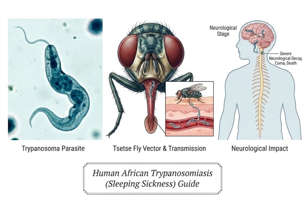 A medical illustration showing the transmission cycle of Human African Trypanosomiasis (sleeping sickness), featuring the microscopic Trypanosoma parasite, the tsetse fly vector, and a diagram of the human nervous system.