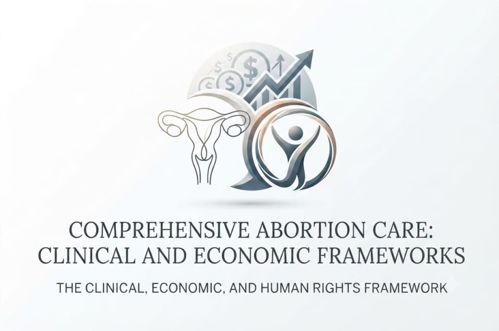 A graphic design representing the comprehensive abortion care framework, incorporating symbols for clinical, economic, and human rights aspects of healthcar