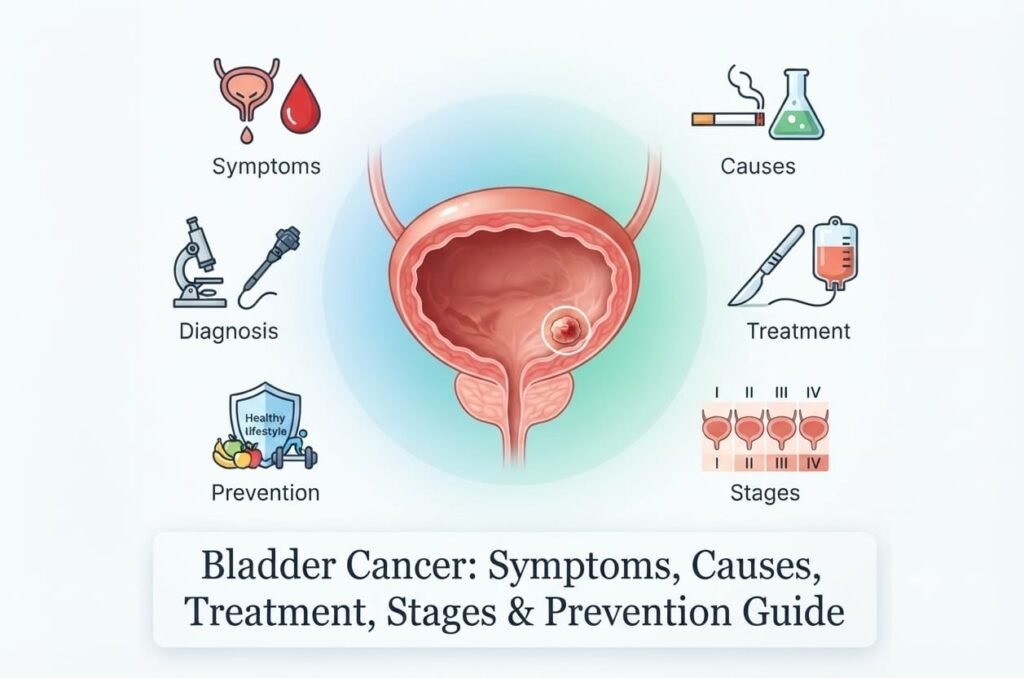 A medical infographic showing the bladder, surrounded by icons representing symptoms, causes, treatment, stages, and prevention of bladder cancer