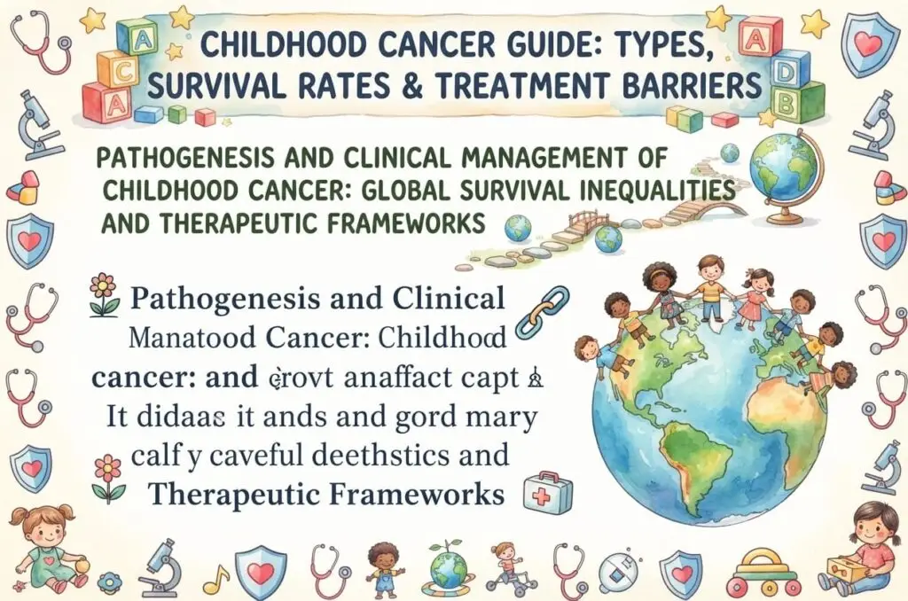 An educational infographic illustrating the global disparities in childhood cancer survival rates and the therapeutic frameworks used for clinical management.