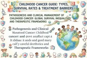 An educational infographic illustrating the global disparities in childhood cancer survival rates and the therapeutic frameworks used for clinical management.