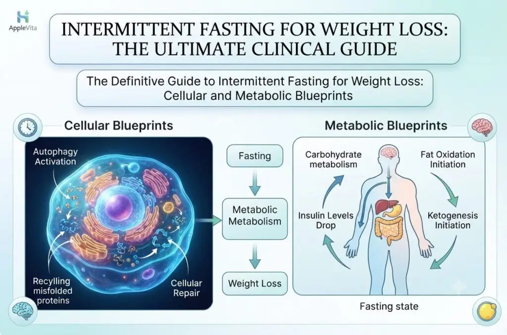 A clinical diagram outlining cellular and metabolic blueprints for weight loss through intermittent fasting.