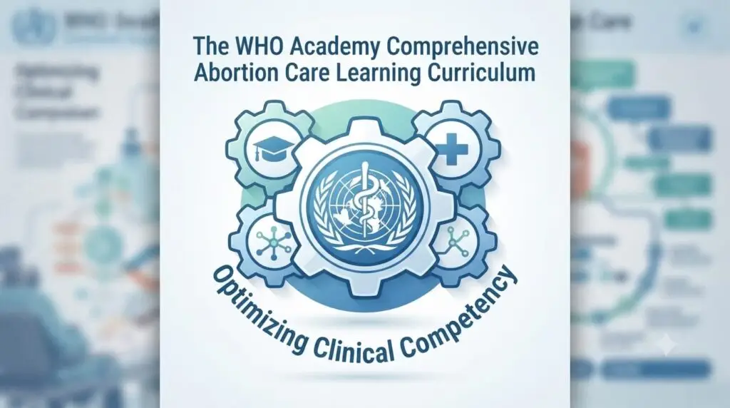 An educational logo and graphic representing the WHO Academy's framework for optimizing clinical competency in comprehensive abortion care.