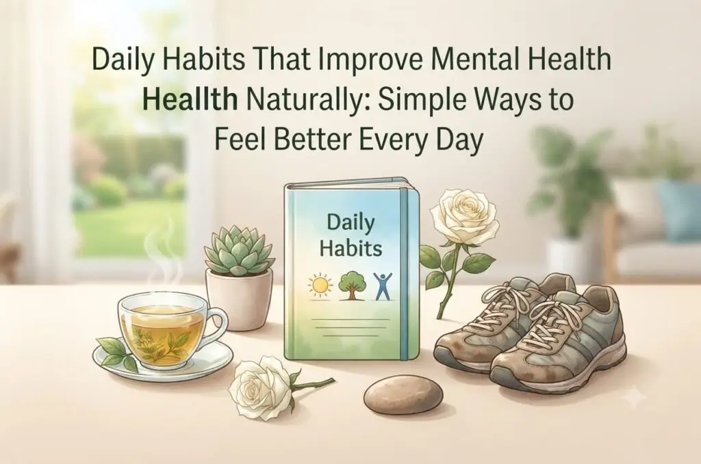 A still life arrangement featuring a book titled "Daily Habits," a cup of tea, a succulent, a white flower, and athletic shoes, symbolizing natural ways to improve mental health.
