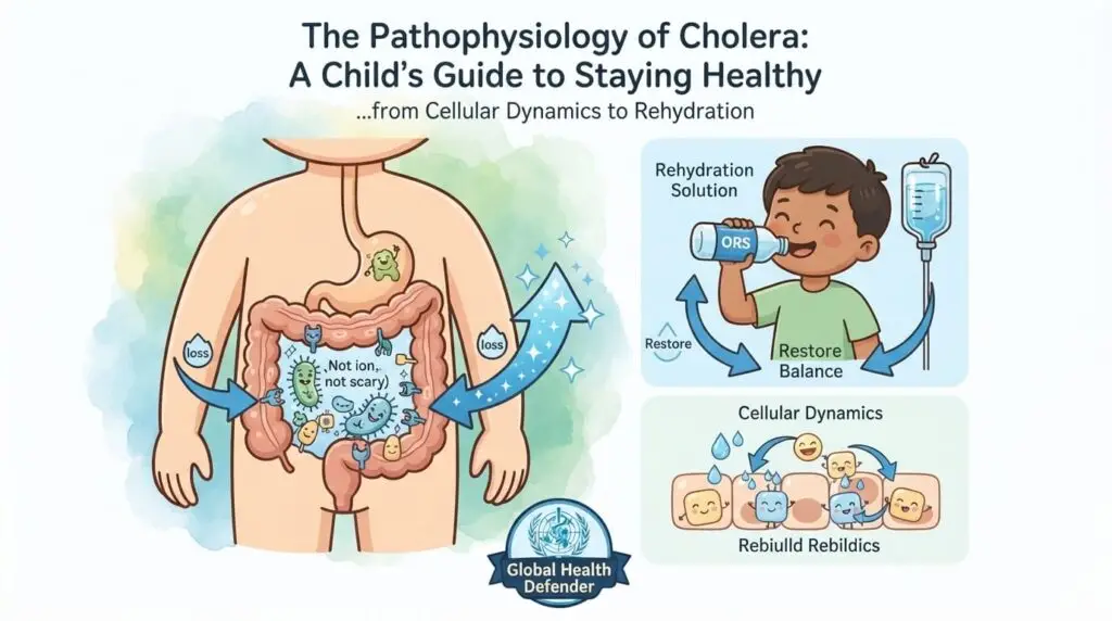 A clinical diagram illustrating the pathophysiology of cholera, focusing on cellular dynamics, fluid homeostasis, and rehydration protocols.