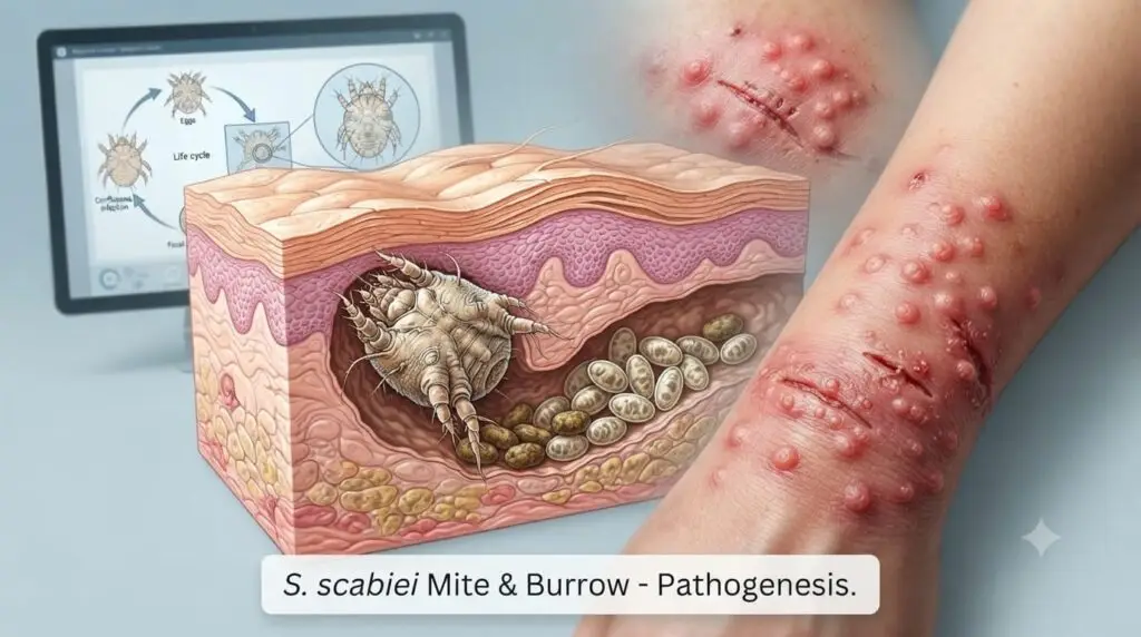 A medical illustration showing the pathogenesis of scabies, including the *S. scabiei mite, its burrow within the skin, and associated skin symptoms.