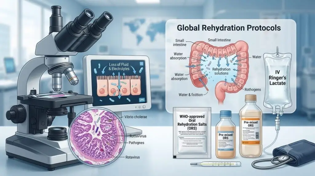 A clinical illustration showing a microscope, a diagram of the gastrointestinal system, and rehydration supplies, representing the study and management of diarrhoeal diseases.