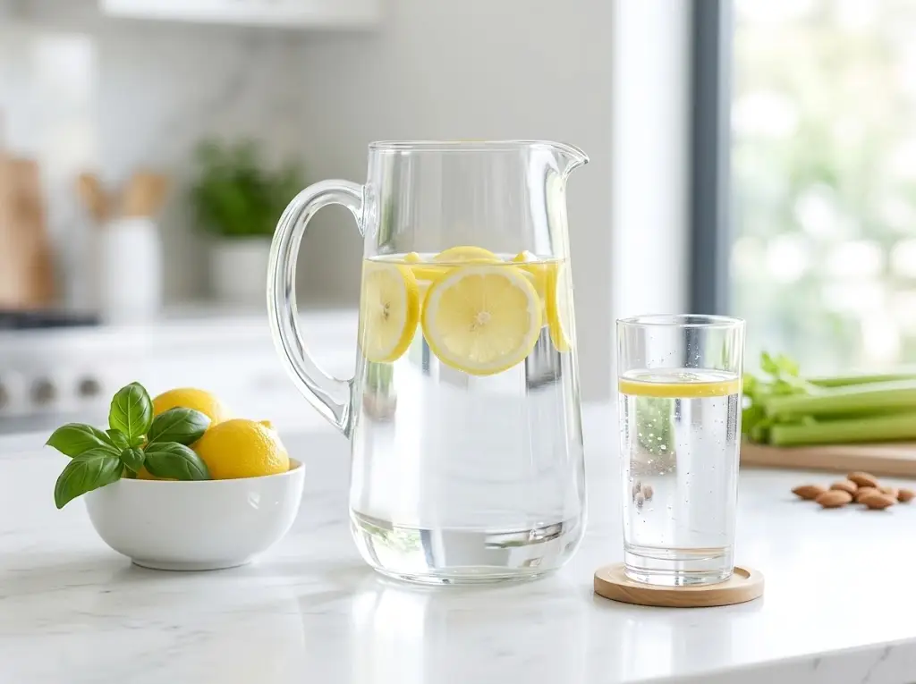 A transparent glass pitcher of lemon water with fresh celery and lemons on a white marble counter for kidney stones prevention.