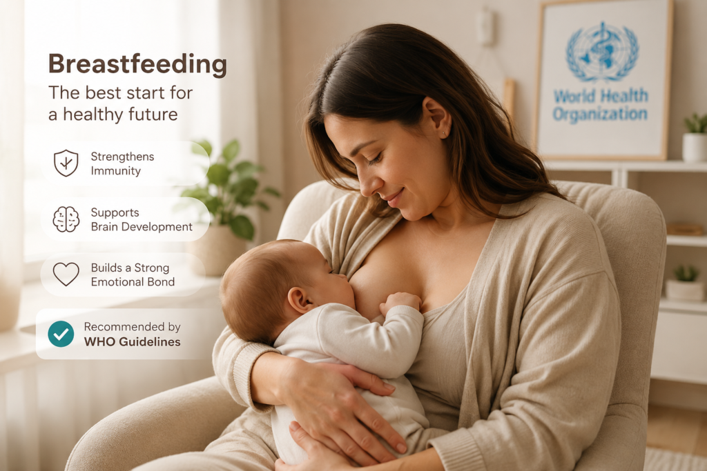 A tender and professional moment of a mother breastfeeding her infant, symbolizing maternal wellness and healthy nutrition.