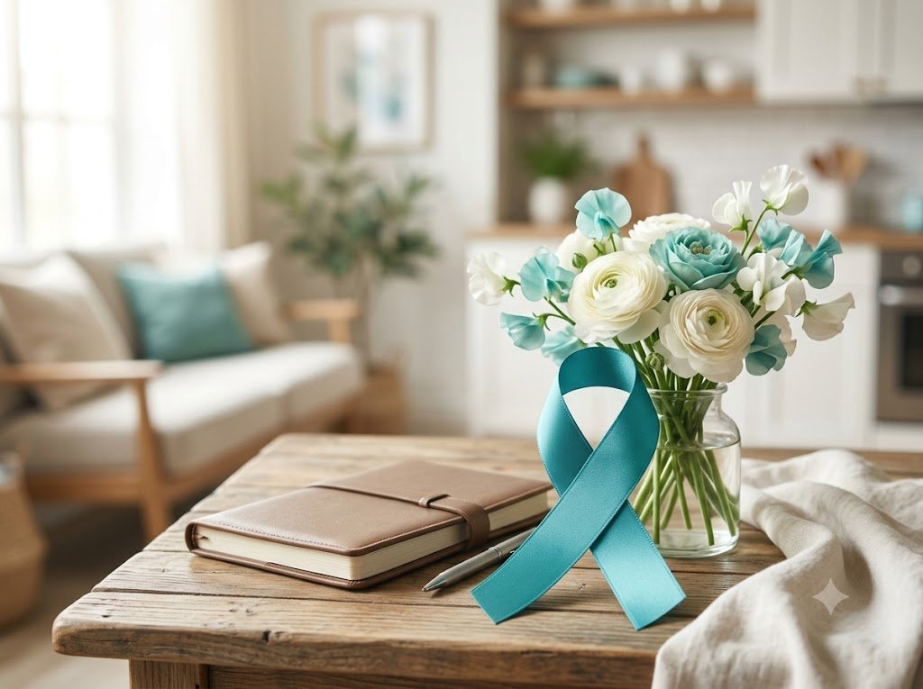 A supportive women wellness setting with a teal awareness ribbon and healthy lifestyle elements for ovarian cancer awareness.