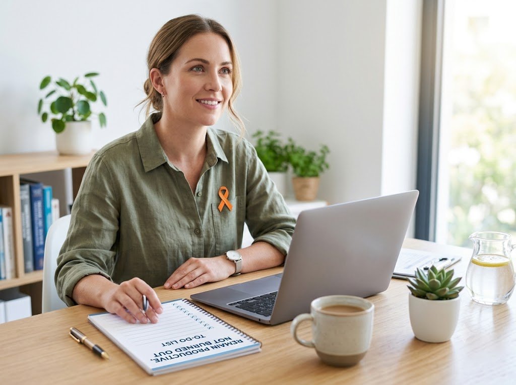 A calm and organized modern workspace featuring a laptop, a warm cup of coffee, a daily planner, and green indoor plants, representing balanced productivity.