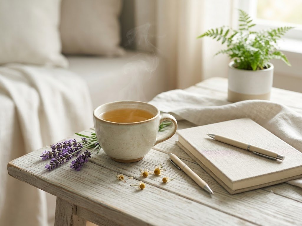 A calm and serene wellness setting with a warm cup of herbal tea, lavender, and a notebook, representing anxiety relief and mindfulness.