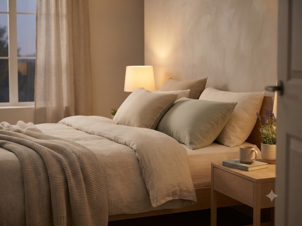 A peaceful and cozy bedroom setting with soft lighting and comfortable bedding, promoting natural sleep and relaxation.