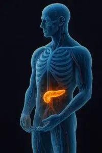 A medical illustration of the human torso and upper body, representing the area affected by pancreatic cancer.