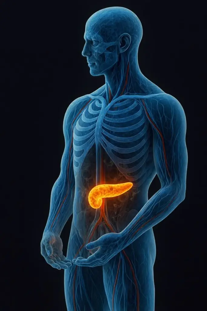 A medical illustration of the human torso and upper body, representing the area affected by pancreatic cancer.