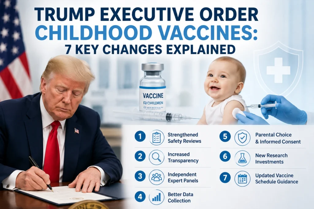 Trump executive order childhood vaccines with vaccine vial, child vaccination, and seven key policy changes
