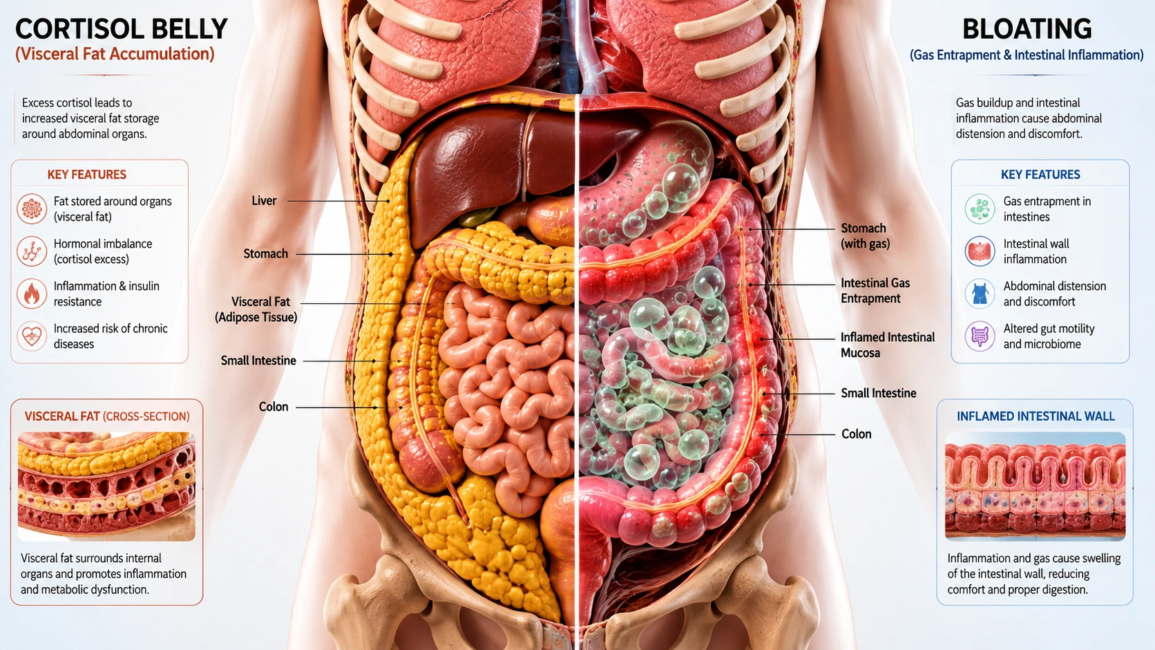 cortisol belly vs bloat visual difference comparison showing visceral fat versus abdominal gas expansion