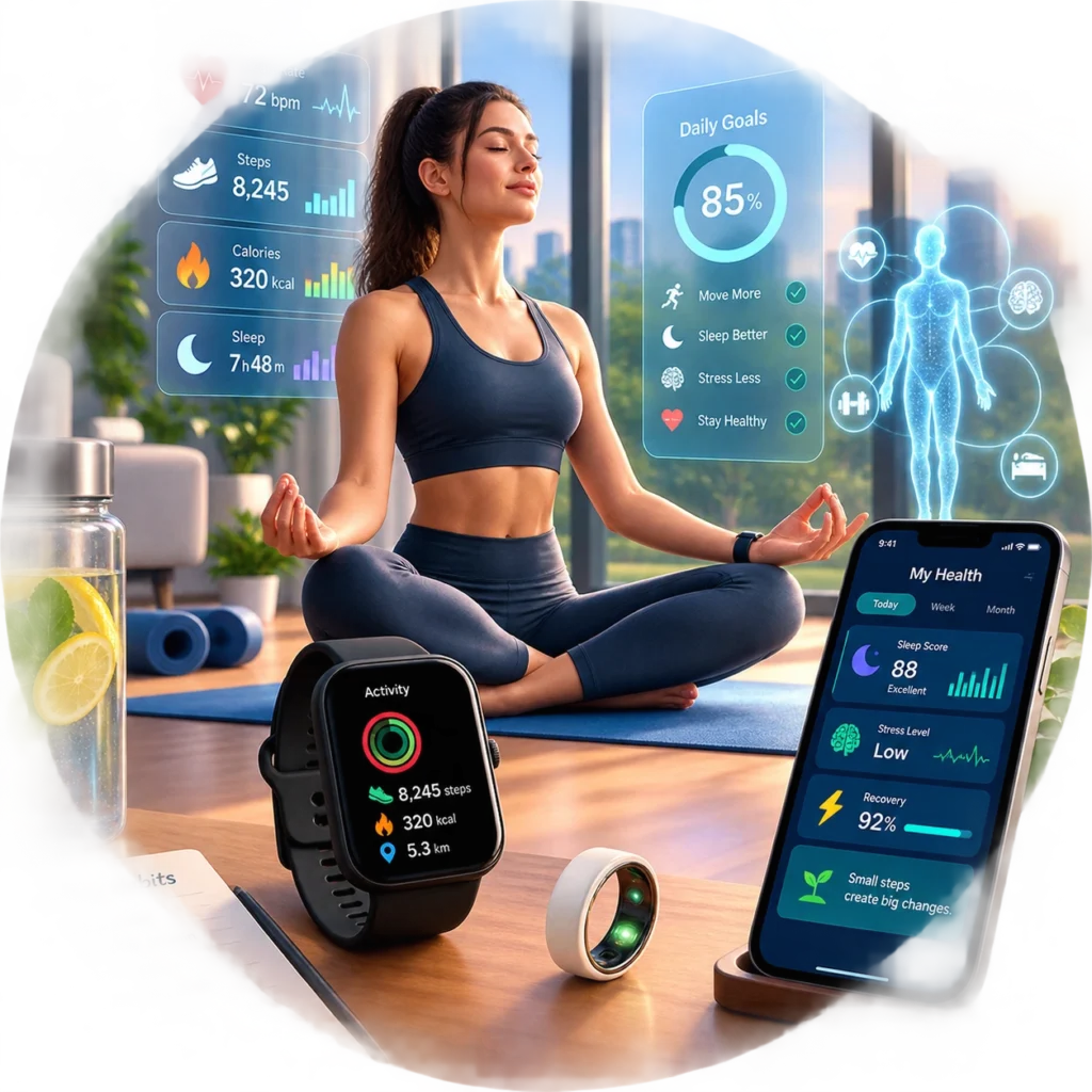Smart health devices tracking heart rate, activity, and sleep to improve daily habits