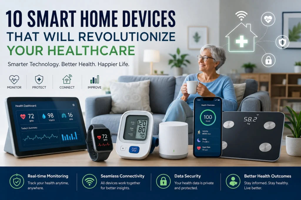 10 smart home devices for healthcare including a smartwatch, blood pressure monitor, smart scale, and health tracking technology