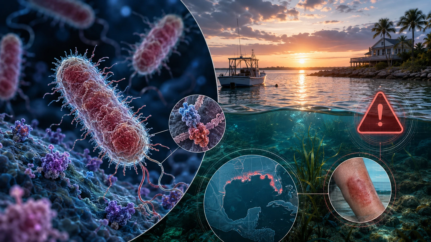 louisiana vibrio vulnificus outbreak medical advisory showing bacterial structure and safety warnings