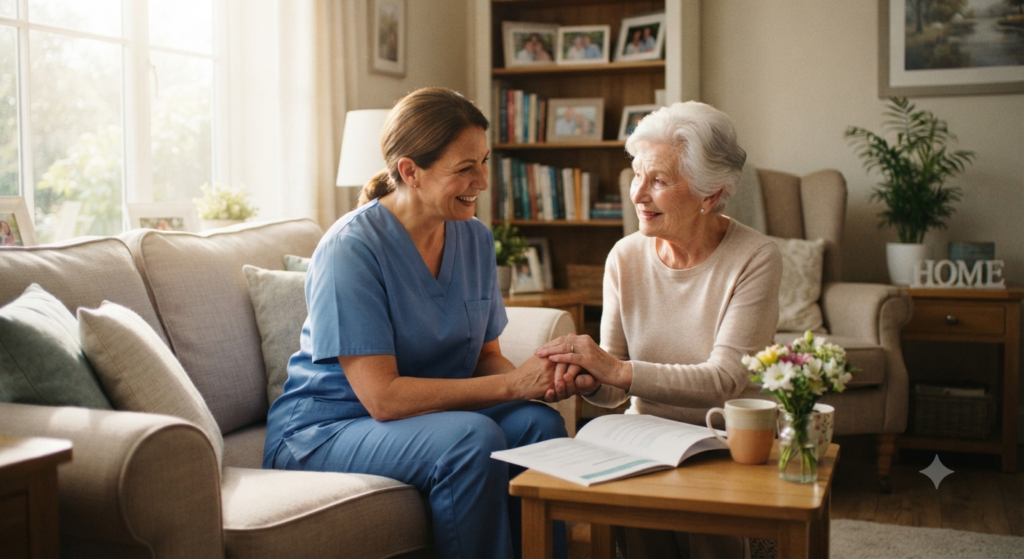 in-home caregiver comforting elderly woman with white hair sitting on sofa