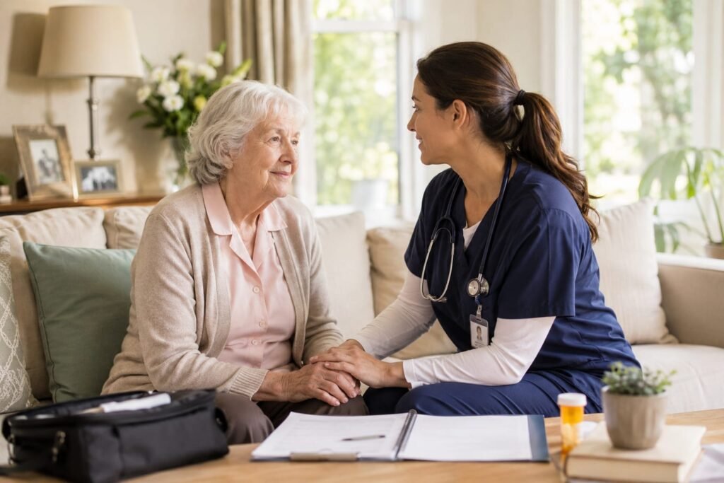 Healthcare professional providing a home visit to an elderly patient, illustrating personalized in-home medical care, chronic disease management, and home healthcare services.
